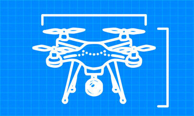 Hand Line Art of a White Drone in Blueprint Style