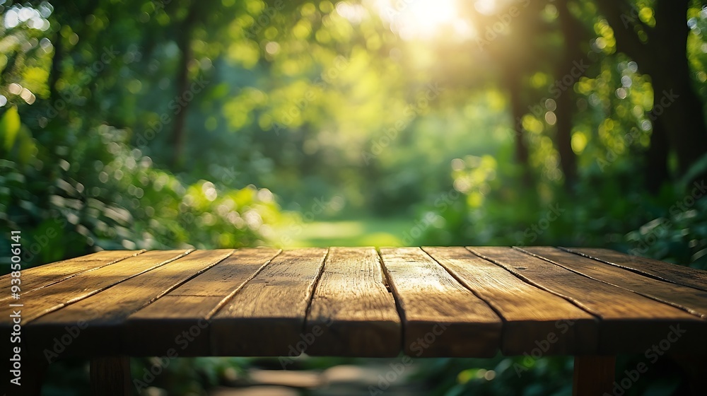 Poster empty wood table top with blur background of nature lush green forest the table giving copy space fo
