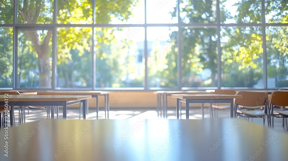 Aufkleber Beautiful blurred background of bright classroom and study room with panoramic windows and beautiful lighting : Generative AI