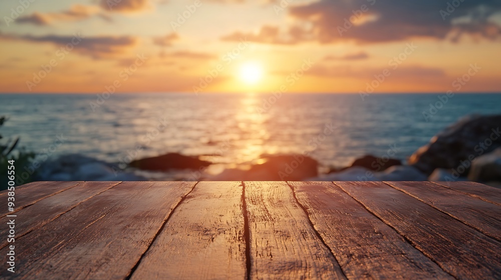 Poster worn old brown table of empty space for your decoration and summer landscape of sea with sunset time
