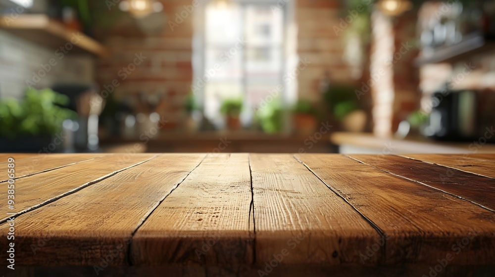 Poster Empty horizontal wooden table top with blur background in a kitchen : Generative AI