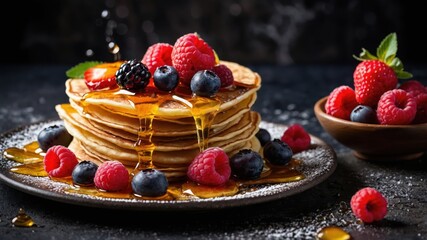 A tempting stack of pancakes topped with fresh raspberries, blueberries, and blackberries, drizzled with syrup and dusted with powdered sugar.
