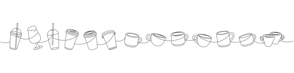 Coffee shop set one line continuous drawing. Takeaway coffee cups, plastic coffee cups continuous one line illustration.