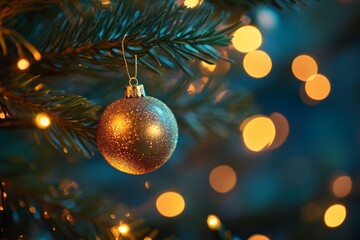 Decorative golden ornament hanging on a Christmas tree illuminated by warm lights during the festive holiday season