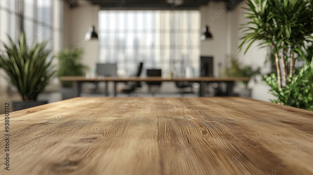 Poster Wooden top with blurred empty office room background can be used for mocking up or display product to make advertising : Generative AI