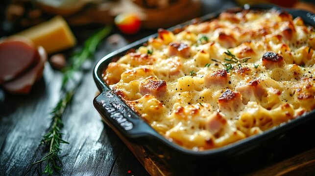 Austrian Baked Ham Cheese and Noodle Casserole closeup on the baking dish on the table Horizontal : Generative AI