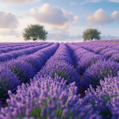 Sunset over a peaceful lavender field with golden light