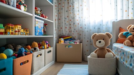 Children room after cleaning toys Nursery with toys in boxes in the closet : Generative AI