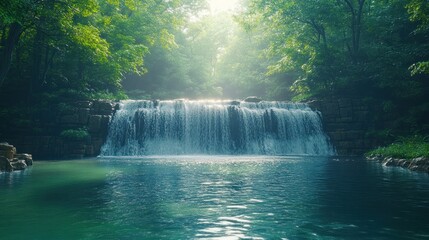 Fototapeta premium Tranquil Waterfall in a Lush Forest