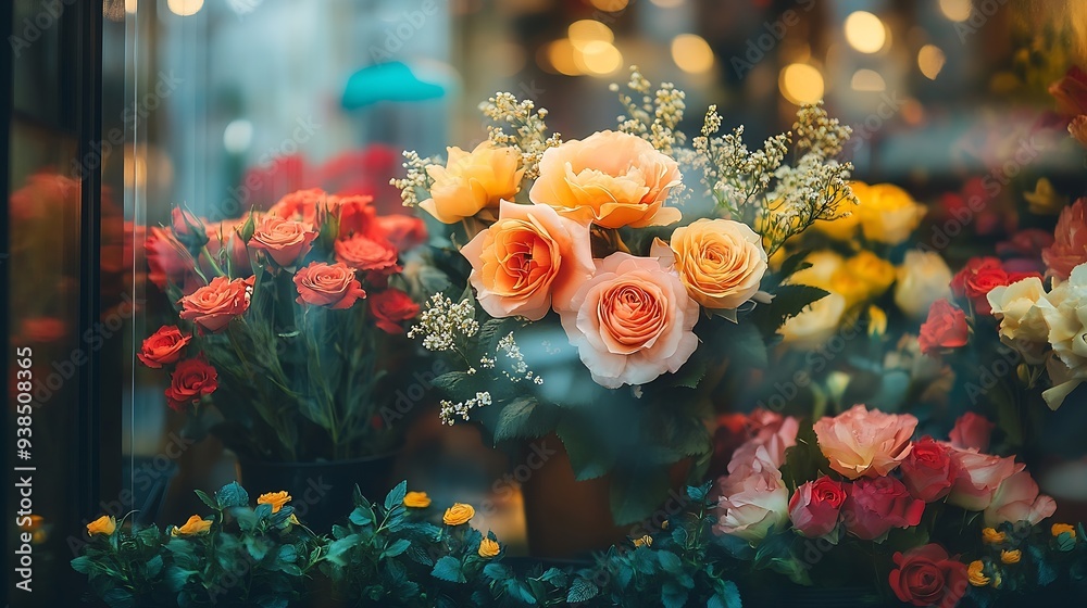 Poster window display of a florist full of warm colored flowers : generative ai