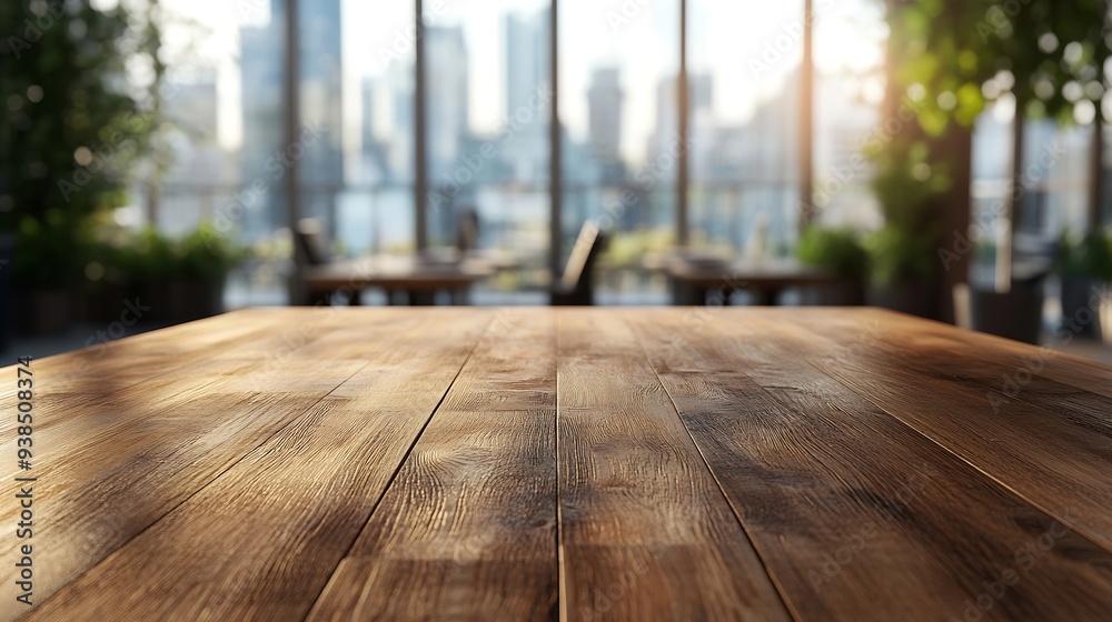 Aufkleber Empty office wooden desktop with empty space on modern boardroom with large window background closeup mock up : Generative AI