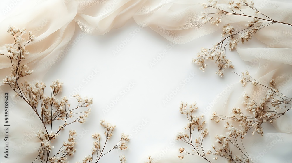 Poster Dry plants and silk ribbon on white background Flat lay top view : Generative AI