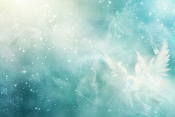 Ethereal angels gracefully illuminated in a heavenly sky, surrounded by soft blue hues and twinkling stars