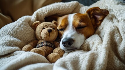 Obraz premium sweet dreams Sleeping dog face with closed eyes cuddling with bear toy dog Jack Russell terrier under comfortable white bed covered with blanket and beige plaid Cozy cute resting pet a : Generative AI