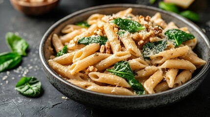 Whole Wheat Penne pasta with gorgonzola cheese sauce spinach and walnut Healthy food : Generative AI