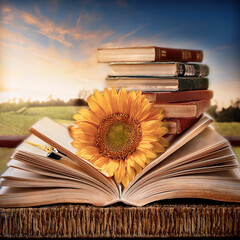 open book with flowers on the table