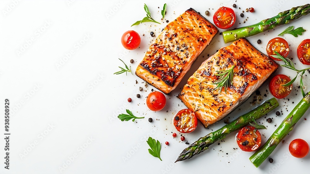 Poster tasty grilled salmon with tomatoes asparagus and spices isolated on white top view : generative ai