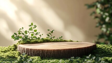 Wooden slice podium and green leaves on green moss on beige background Premium scene for product promotion beauty natural eco cosmetic Empty showcase display case : Generative AI