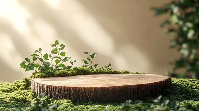 Wooden slice podium and green leaves on green moss on beige background Premium scene for product promotion beauty natural eco cosmetic Empty showcase display case : Generative AI