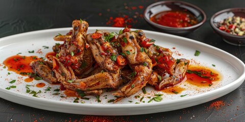 Garlic and Parsley Dressed Fried Frog Legs Accompanied by Tomato Sauce