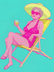 Elderly woman having fun on the beach with a cocktail in her hand, happy old age. Grandma on the beach. Fashionable granny.
