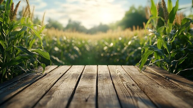 The empty wooden table top with blur background of corn field Exuberant image : Generative AI
