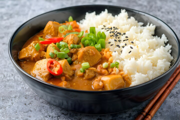 Aromatic Japanese curry paired with white rice, garnished with fresh herbs