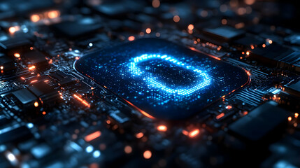 Fototapeta premium A glowing blue padlock icon on a circuit board.