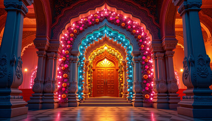 Obraz premium Colorful and festive Navratri banners and beautiful festoons gracefully hanging across a magnificent temple’s ornate doorway adding vibrancy to the entrance