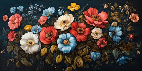 Intricate Norwegian Rosemaling Floral Design on Dark Background