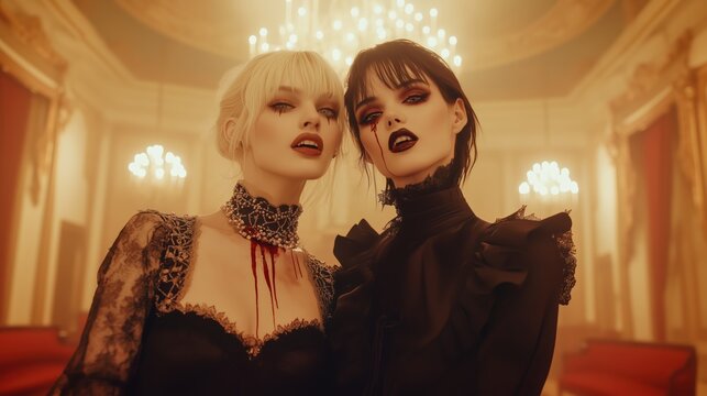 Gothic female vampire duo with contrasting blonde and black hair, intricate lace and pearl outfits, and blood dripping in an opulent, dimly lit ballroom