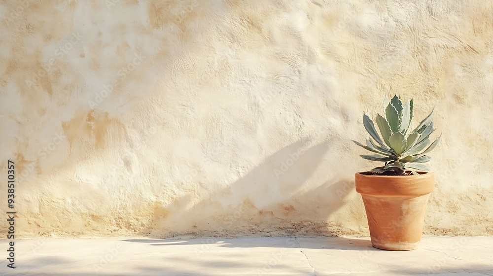 Poster Empty texture stucco wall with shade and aloe clay pot Summer background with traditional home exterior Architecture design with neutral rustic aesthetic : Generative AI