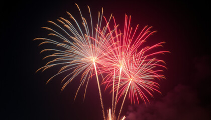 Close-up of fireworks exploding in the night sky with vivid colors and trailing sparks lighting up the dark atmosphere