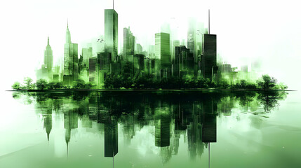 A green cityscape reflecting on a still body of water.