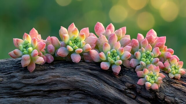 Closeup of a Burros Tail Sedum morganianum succulent draping over a piece of weathered wood The pastel pink and green hues of the fleshy leaves create a captivating and serene natural : Generative AI - Powered by Adobe