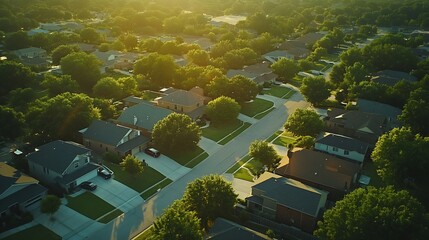 Straight aerial view suburban houses with parallel residential streets and backalley suburbs Dallas Fort Worth metro complex medium density subdivision large lots size warm light aeria : Generative AI