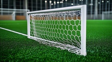 Fototapeta premium Soccer goal net on indoor soccer field with white border on artificial green grass : Generative AI