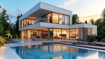 Fototapeta premium Modern villa with pool and deck with interior and exterior views : Generative AI