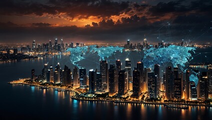 Naklejka premium Create a futuristic cityscape image where a bustling, ultra-modern metropolis with towering skyscrapers is showcased against a night sky.