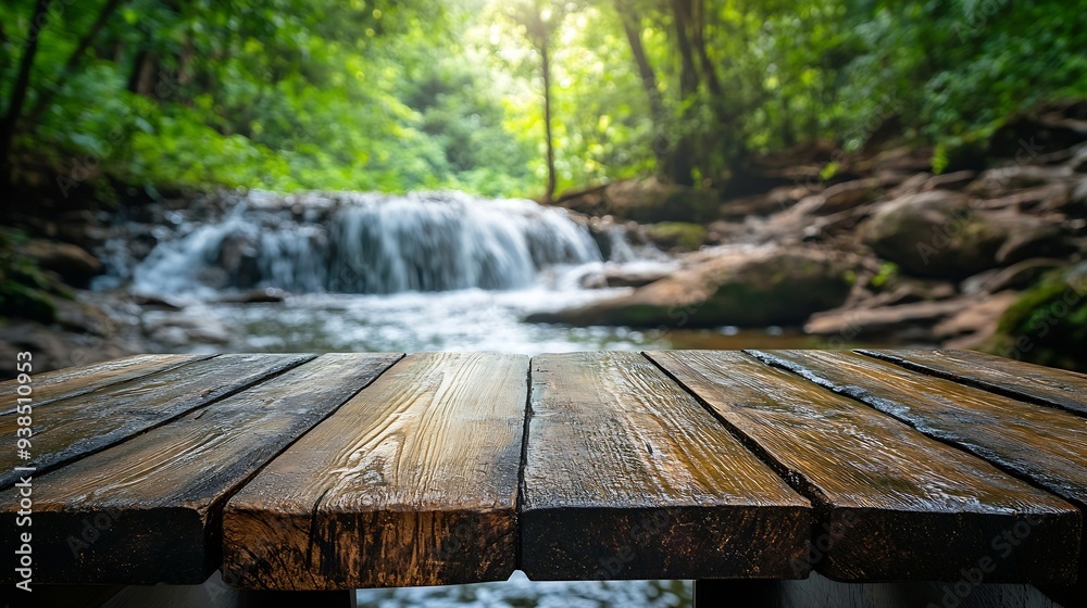 Leinwandbilder wooden table top on blur stream and forest natural background in waterfallfor montage product displa
