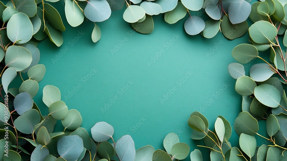Poster Eucalyptus branch and leaves frame and creative layout on green background Top view flat lay Floral composition Design element Color card : Generative AI