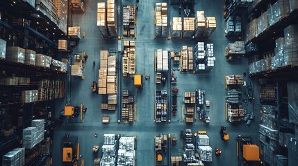 Top view of workers modern warehouse storage of retail shop large factory workshop space Employees in modern industrial factory with warehouse : Generative AI