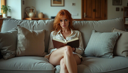 Obraz premium woman relaxing on sofa and reading book