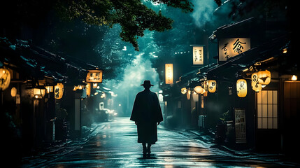 A lone figure walks down a misty street in a traditional Japanese town at night.