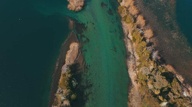 Tranquil River Flowing Through Lush Forest in Patagonia Argentina. Ruca Malen River in Villa la angostura, Neuquen, Argentina 