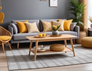 The stylish boho compostion at living room interior with design gray sofa, wooden coffee table, commode and elegant personal accessories. Honey yellow pillow and plaid. Cozy apartment. Home decor