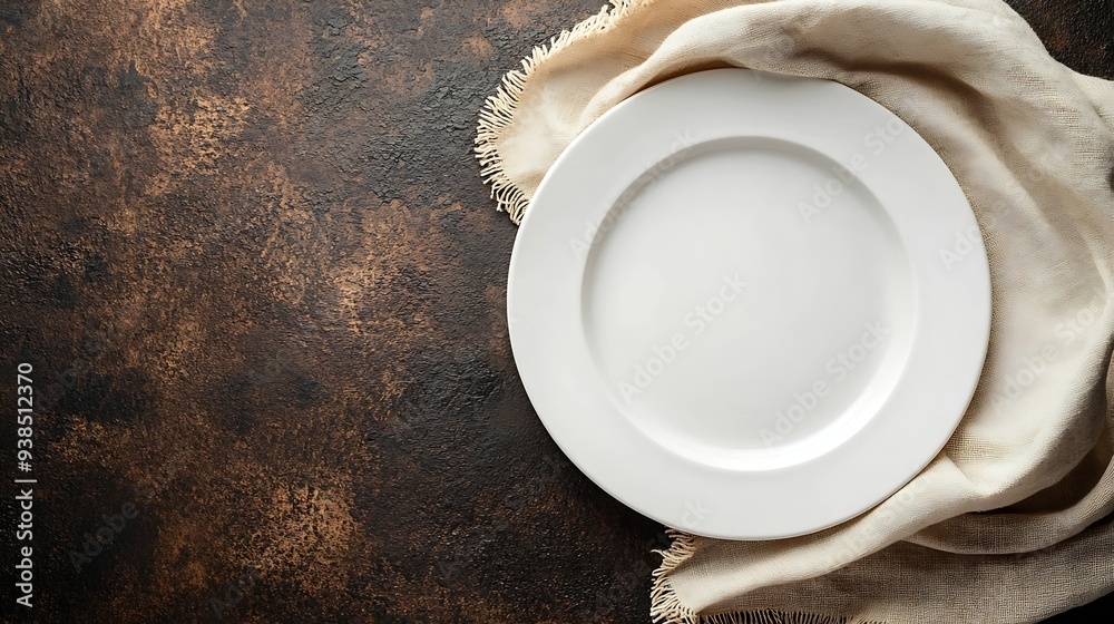 Poster empty white plate with a beige linen napkin on a brown rustic background top view flat lay copy spac