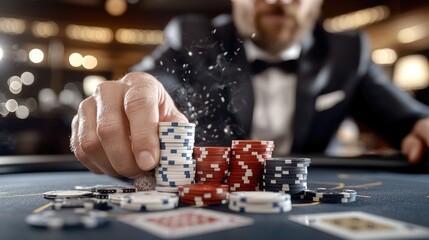 Poker showdown: Players engaging in thrilling game of Texas Hold'em at club, showcasing their strategic skills, competitive spirit as they navigate high-stakes world of poker.