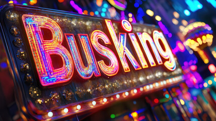 Busking written in glowing bright neon lights. Busking is street performance for tips in tourist areas