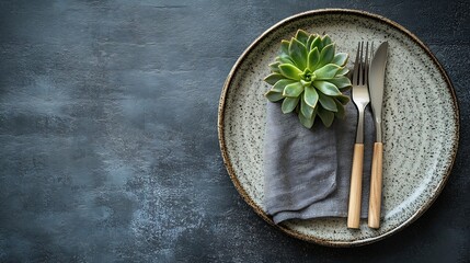 From above of tasteful minimalist table setting showcasing a ceramic plate silver cutlery bundled in a grey napkin a textured glass and a miniature succulent plant : Generative AI